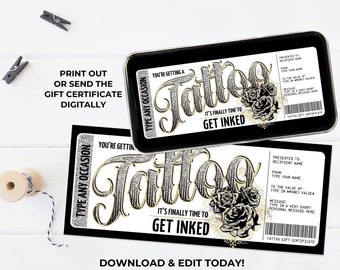 May include: A printable gift certificate template for a tattoo. The certificate is black with gold and silver accents and features the text "You're getting a tattoo. It's finally time to get inked."