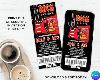 Rockstar Party Ticket Einladungen, Geburtstagsfeier wie ein Rockstar, Rock n Roll Geburtstag | Bearbeiten Sie mit CANVA - INSTANT DOWNLOAD Printable