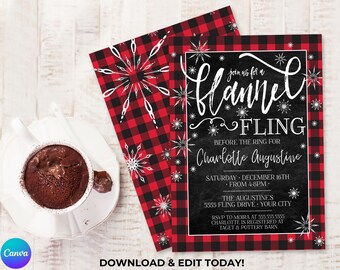 May include: A red and black buffalo plaid invitation with white snowflakes. The invitation is for a "Flannel Fling" bridal shower for Charlotte Augustine. The event is on Saturday, December 16th from 4-8pm at The Augustine's, 5555 Fling Drive. RSVP to Moira at 555-555-5555. Charlotte is registered at Target & Pottery Barn.