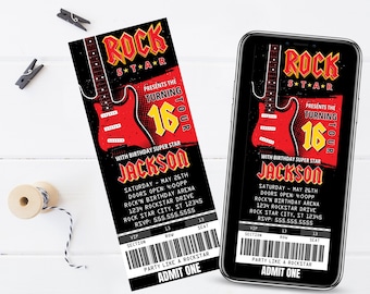 Rockstar Party Ticket-Einladungen, Party like a Rockstar, Rock n Roll Geburtstag | Self-edit with CANVA - SOFORTIGER DOWNLOAD druckbare Vorlage