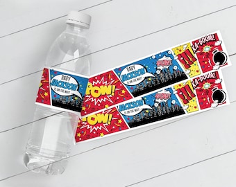 Baby Shower Superhero Wasserflaschenetikett - Superhero Geschenk, Getränkeaufkleber / Verpackungen | Bearbeiten Sie mit CANVA - SOFORTIGER DOWNLOAD druckbare Vorlage