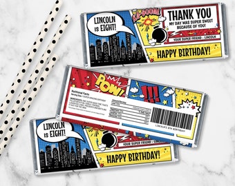 Superhero Chocolate Bar Wrapper Template, Superhero Birthday Party Favor, Candy Bar Label, Edit with CANVA, INSTANT DOWNLOAD Printable