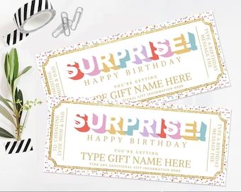 Surprise Happy Birthday Gift Certificate, Custom Gift Voucher Template, Unisex Printable Gift Coupon, for daughter| Edit with CANVA Download