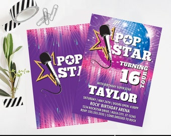 Pop Star Party Invitations - Party like a Rockstar- Rock n Roll Birthday | Edit with CORJL - INSTANT DOWNLOAD Printable Template