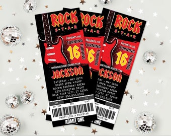 Rockstar Party Ticket Invitations, Party like a Rockstar, Rock n Roll Birthday | Self-Edit with CANVA - INSTANT DOWNLOAD Printable Template