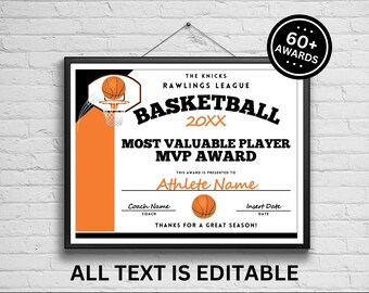 Customizable End-of-Season Basketball Award Certificate, Celebrations, Basketball Team Party Printable | Edit with CANVA–INSTANT DOWNLOAD