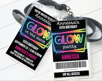 Neon Glow Invitation Party Badge, Neon Glow VIP Badge, Glow Party Invite | Edit with CANVA - INSTANT Download Printable Template
