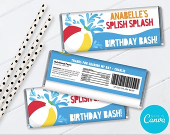 Pool Party Candy Bar Wrapper - Candy Bar Label, Birthday Party Favors, Summer | You Personalize using CANVA - INSTANT DOWNLOAD Printable