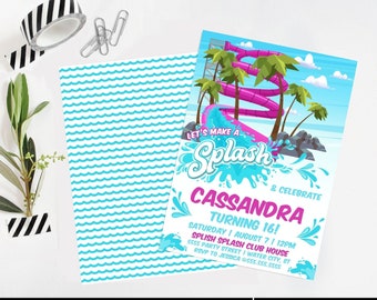 Waterslide Party Invitation - Waterpark Invite, Water Park Party, Pool Party | Edit with CANVA-INSTANT DOWNLOAD Printable Template