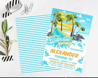 May include: A blue and yellow waterslide birthday party invitation with a cartoon illustration of a waterslide, palm trees, and a blue sky. The text on the invitation reads "Join us for a Waterslide Birthday Celebrating Alexander Turning 16!"