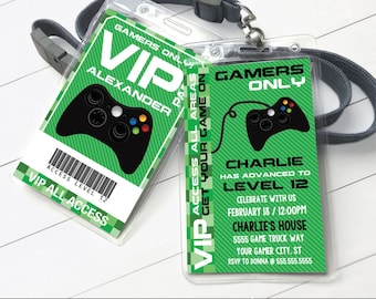 May include: A green and black printable VIP pass with a video game controller graphic. The text on the pass reads "Gamers Only" and "VIP All Access Get Your Game On".