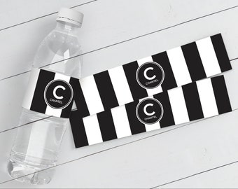 Couture Bridal Baby Shower Water Bottle Label/Wrapper, Black & White Stripe Shower Favor, Wedding Favor | Edit using CANVA–INSTANT DOWNLOAD