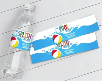 Pool Party Water Bottle Wrappers - Water Bottle Labels, Birthday Party Favors, Summer | Edit using CANVA - INSTANT DOWNLOAD Printable