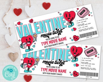 Valentine Movie Ticket, Surprise Valentine Movie Tickets, Movie Gift Certificate | Self-Edit with CORJL-INSTANT DOWNLOAD Printable