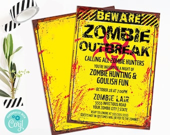 Zombie Party Invitation - Zombie Outbreak Party, Halloween Invite, Costume Party Invite | Self-Edit with CORJL - INSTANT DOWNLOAD Printable
