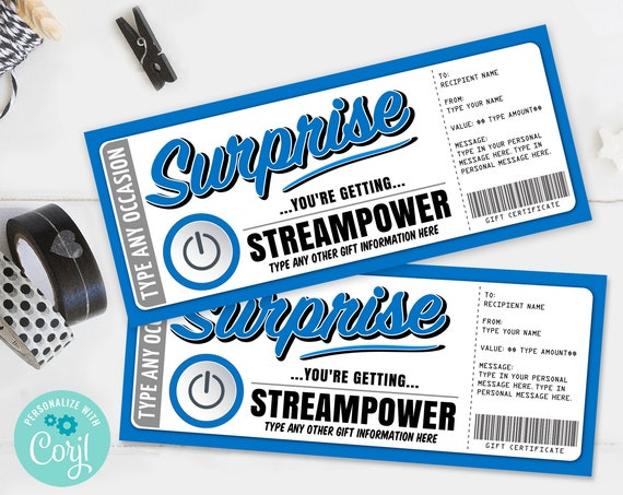 Streaming Gift Certificate, Streaming Gift Voucher, Birthday Gift, Streaming Power | Personalize using CORJL-INSTANT DOWNLOAD Printable