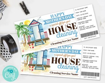 House Cleaning Mother's Day Gift Certificate,Maid Service,Beach House,Summer,Gift Voucher|Personalize using CORJL-INSTANT DOWNLOAD Printable