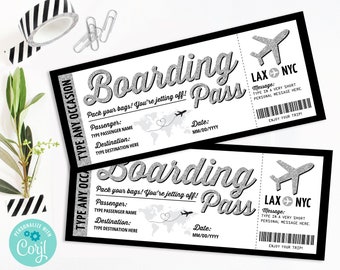 Boarding Pass Template - Surprise Fake Airline Ticket,Airplane Flight Destination | Personalize using CORJL - INSTANT DOWNLOAD Printable