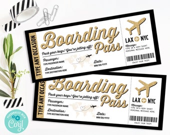 Boarding Pass Template - Surprise Fake Airline Ticket,Airplane Flight Destination | Personalize using CORJL - INSTANT DOWNLOAD Printable