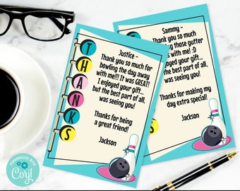 Bowling Party Thank You 4"x6" Cards, Bowling Party, Birthday, Retro Bowling | You Personalize using CORJL - INSTANT DOWNLOAD Printable