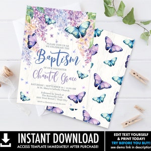 Butterfly Baptism Invitation - Butterfly Christening Invite, Spring, Garden, Fower | Self-Edit with CORJL - INSTANT DOWNLOAD Printable