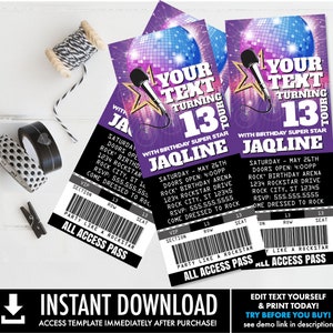 Rockstar Party Ticket Invitations add YOUR TEXT-Party like a Rockstar-Rock n Roll Birthday | Self-Edit with CORJL-Instant Download Printable