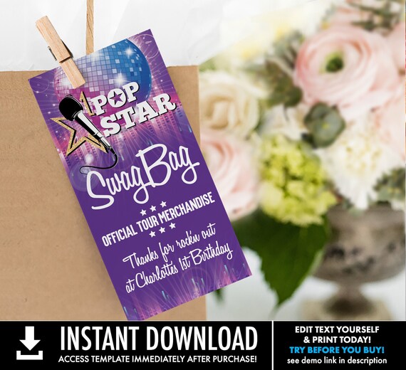 Pop Star Swag Bag Favor Tag - Thank You Tags, Birthday Party Favor Tag | Self-Editing with CORJL - INSTANT DOWNLOAD Printable