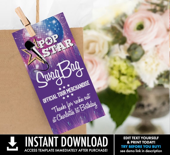 Pop Star Swag Bag Favor Tag - Thank You Tags, Birthday Party Favor Tag | Self-Editing with CORJL - INSTANT DOWNLOAD Printable Il_570xn