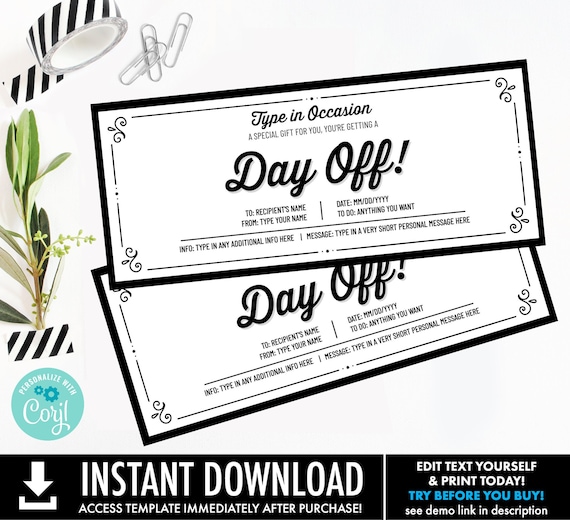 Day Off Voucher for Any Occasion,Surprise Gift Reveal,Take a Break Day,No Work Voucher | Personalize using CORJL–INSTANT DOWNLOAD Printable