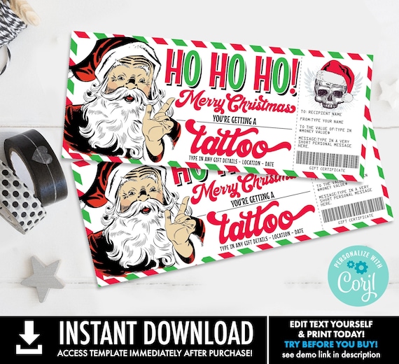 Christmas Tattoo Gift Certificate,Finally time to get inked Gift Voucher,Skull Retro Santa | Self-Edit with CORJL-INSTANT DOWNLOAD Printable