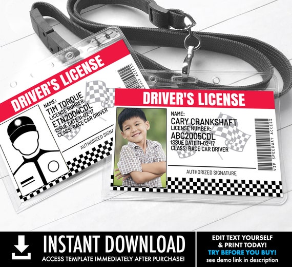 Race Car Driver's License - ID Badge, Cars Birthday Party Favor | Self-Editing with CORJL - INSTANT Download Printable Il_570xn