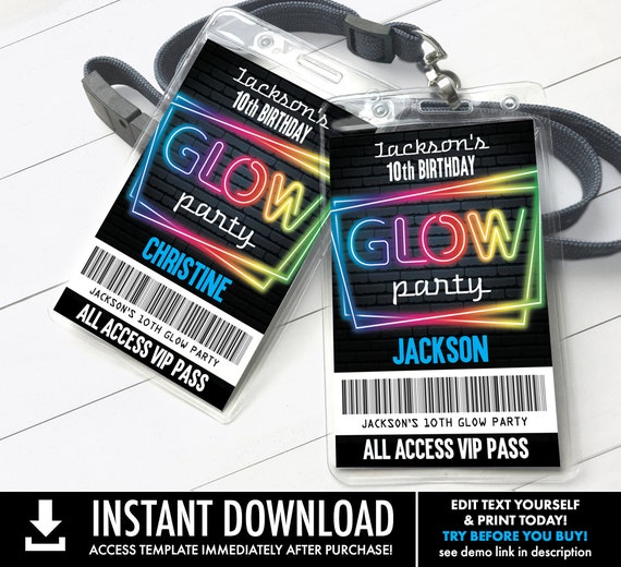 Neon Glow Party VIP Badge, Neon Glow Theme, Glow Party All Access Pass | Self-Edit with CORJL - INSTANT Download Printable Template