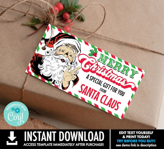 Retro Santa Gift Tag,Gift From Santa,Christmas Gift Tag,Treat Tag,Special Delivery | Personalize using CORJL–INSTANT DOWNLOAD Printable