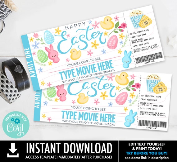 Easter Movie Voucher/Gift Certificate - Surprise Easter Movie Ticket | Self-Edit with CORJL - INSTANT DOWNLOAD Printable