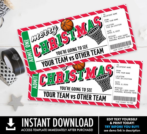 Basketball Ticket Christmas Gift - Surprise Game Ticket, Gift Voucher Certificate | You Personalize with CORJL - INSTANT DOWNLOAD Printable