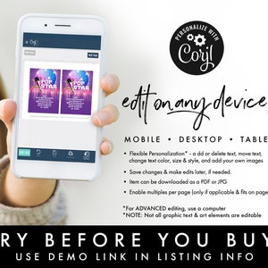 Op de afbeelding: Een smartphone-scherm met een mockup van een printbare uitnodiging met een paarse en roze achtergrond en een microfoon met een discobal. De tekst op de uitnodiging luidt "Pop Star". De tekst "edit on any device!" wordt op het scherm weergegeven. De tekst "Mobile, Desktop, Tablet" wordt op het scherm weergegeven. De tekst "Personalize with Coryl" wordt op het scherm weergegeven. De tekst "Try Before You Buy!" wordt op het scherm weergegeven. De tekst "Use Demo Link in Listing Info" wordt op het scherm weergegeven.