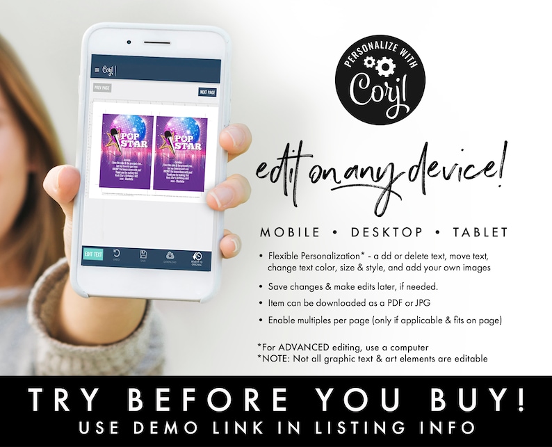 Op de afbeelding: Een smartphone-scherm met een mockup van een printbare uitnodiging met een paarse en roze achtergrond en een microfoon met een discobal. De tekst op de uitnodiging luidt "Pop Star". De tekst "edit on any device!" wordt op het scherm weergegeven. De tekst "Mobile, Desktop, Tablet" wordt op het scherm weergegeven. De tekst "Personalize with Coryl" wordt op het scherm weergegeven. De tekst "Try Before You Buy!" wordt op het scherm weergegeven. De tekst "Use Demo Link in Listing Info" wordt op het scherm weergegeven.