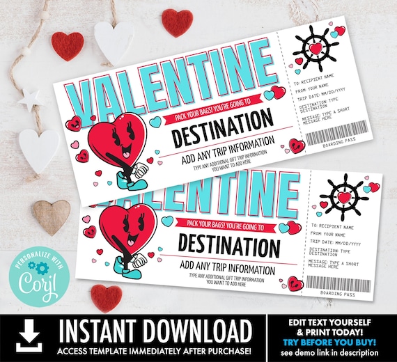 Valentines Day Cruise Ticket, Cruise Boarding Pass Coupon, Surprise Cruise Reveal | Personalize using CORJL-INSTANT DOWNLOAD Printable