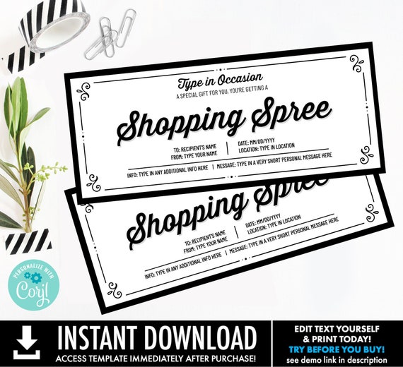 Shopping Spree Gift Voucher Any Occasion,Surprise Gift Certificate,Day out shopping | Personalize using CORJL–INSTANT DOWNLOAD Printable