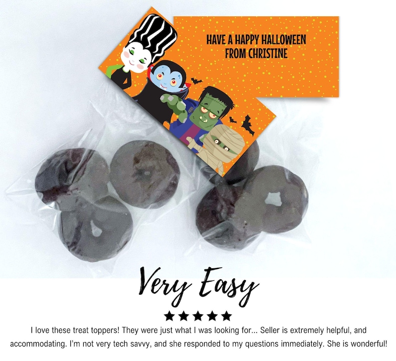 May include: A clear plastic bag containing dark round treats attached to an orange rectangular card featuring cartoon illustrations of a bride, vampire, Frankenstein's monster, and mummy with the text HAVE A HAPPY HALLOWEEN FROM CHRISTINE.