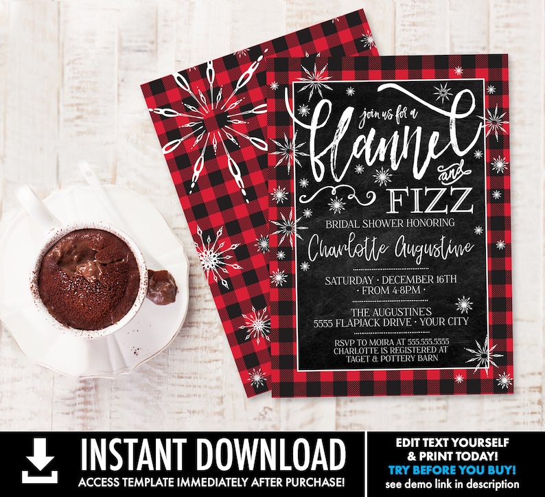 May include: Printable invitation for a bridal shower with a flannel and fizz theme. The invitation features a red and black buffalo plaid background with white snowflakes and the text "Join us for a Flannel and Fizz Bridal Shower Honoring Charlotte Augustine" in white text.