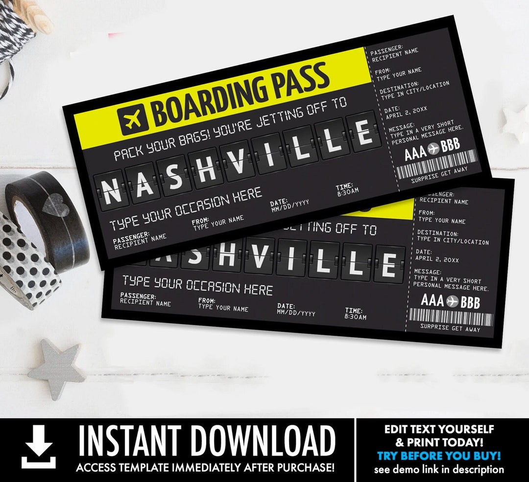 Nashville Boarding Pass Editable Printable Template Surprise Fake Plane