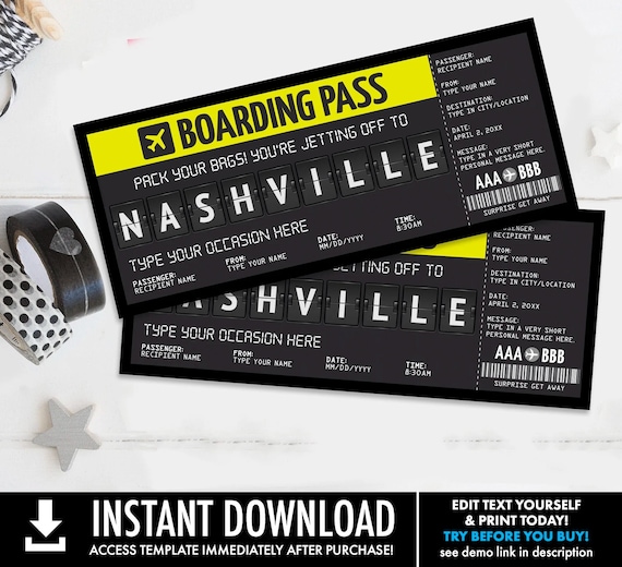 Nashville Boarding Pass Editable Printable Template - Surprise Fake Plane Ticket, Fake Ticket | Edit with CORJL - INSTANT DOWNLOAD Printable