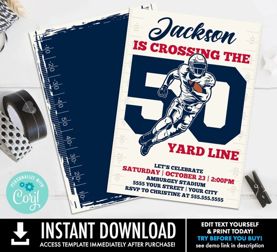 50th Football Party Invitation - Crossing the 50 Yard Line,50th Birthday,Tailgate Invite | Self-Edit with CORJL - INSTANT DOWNLOAD Printable