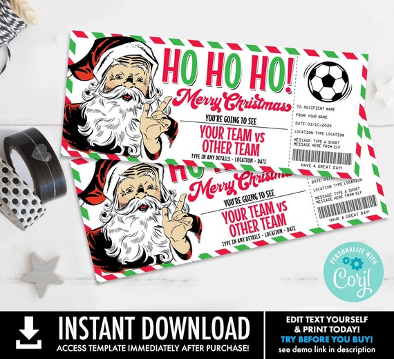 Christmas Soccer Ticket Gift Certificate, Soccer Game Ticket Gift Voucher,RetroSanta | Self-Edit with CORJL-INSTANT DOWNLOAD Printable