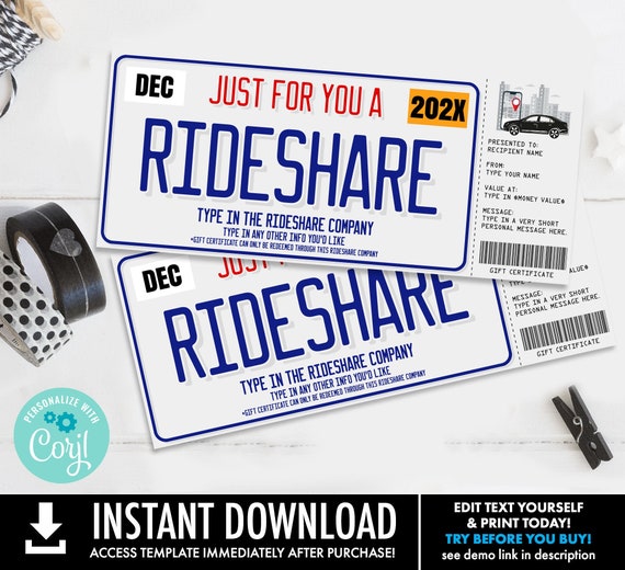 Rideshare Gift Certificate,License Plate Surprise,Gift Certificate,Gift Voucher | Self-Edit with CORJL-INSTANT DOWNLOAD Printable