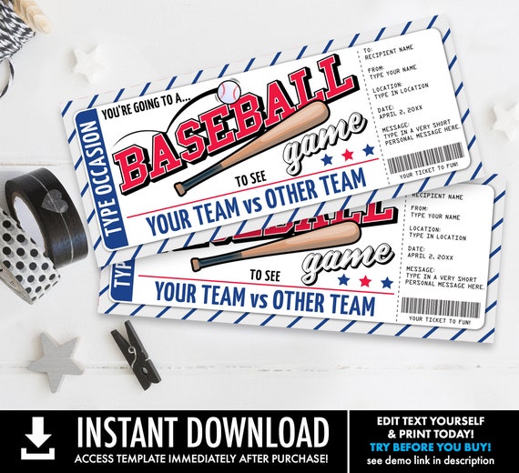 Baseball Ticket Gift Editable Template - Surprise Baseball Game Ticket, Any Occasion | Self-Edit with CORJL - INSTANT DOWNLOAD Printable