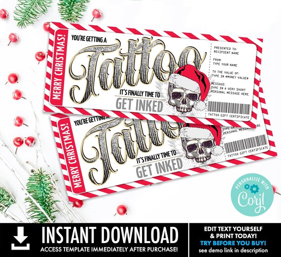 Christmas Tattoo Gift Certificate, Finally time to get inked Gift Voucher,Skull Santa | Self-Edit with CORJL-INSTANT DOWNLOAD Printable