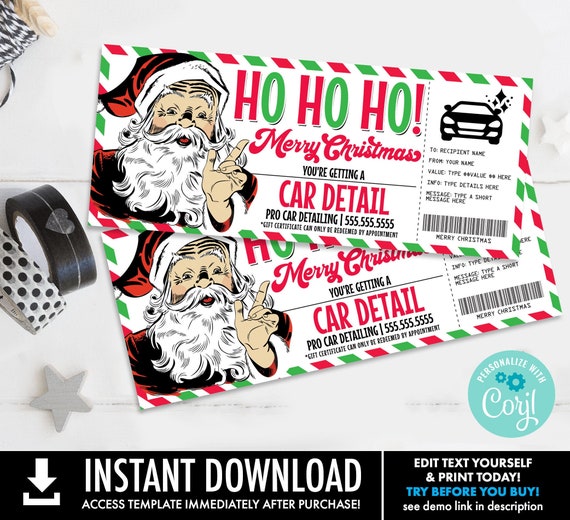 Christmas Car Detail Gift Certificate,Car Detailing Surprise Gift Voucher,Merry & Bright | Self-Edit with CORJL - INSTANT DOWNLOAD Printable