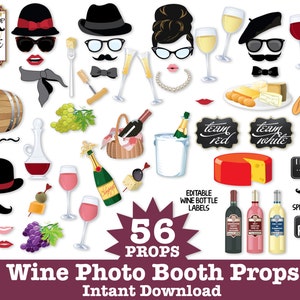 Wine Photo Booth Props - Wine Tasting Props, New Year&#39;s Props, Champagne Props - Instant Download PDF - 56 DIY Printable Props